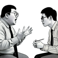 Chinese Fat guy with glasses debating with Other skinny chinese guy