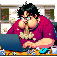 Chinese Fat guy with glasses burping, anime style, disgusting, stinky, noisy, programmer, in front of laptop