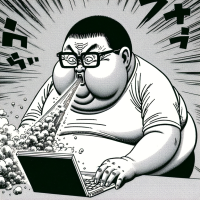 Chinese Short Hair Fat guy with glasses burping, anime style, disgusting, stinky, noisy, programmer, in front of laptop