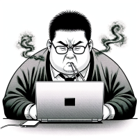 Chinese Short Hair Fat guy with glasses look like Giant from Doraemon, burping, disgusting, stinky, noisy, programmer, in front of laptop, anime style