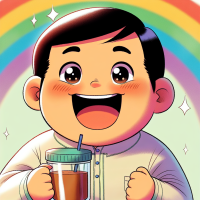 Faat indonesian boy with small moustache, drinking tea in plastic cup happily, rainbow background, excited face, anime style