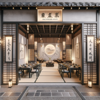 Brotherhoed resto, realistic, restaurant, clear text, japanese architecture design