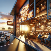 Brotherhoed resto, realistic, restaurant, clear text, bikers architecture design