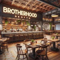 Brotherhoed resto, realistic, restaurant, clear text, franchise restaurant design