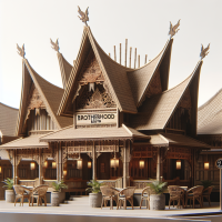 Brotherhoed resto, realistic, restaurant, clear text, maduranese architecture design, indonesian