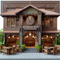 Brotherhoed resto, realistic, restaurant, clear text, javanese architecture design, indonesian