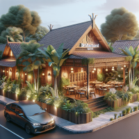 Brotherhoed resto, realistic, wood restaurant, with parking car, indonesian architecture