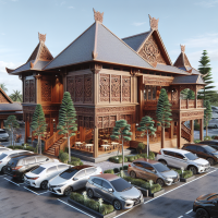 Brotherhoed resto, realistic, wood restaurant, with parking car, indonesian architecture
