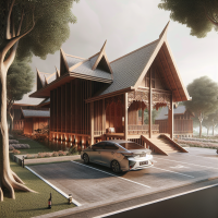 Brotherhoed resto, realistic, wood restaurant, with parking car, indonesian architecture, minimalist